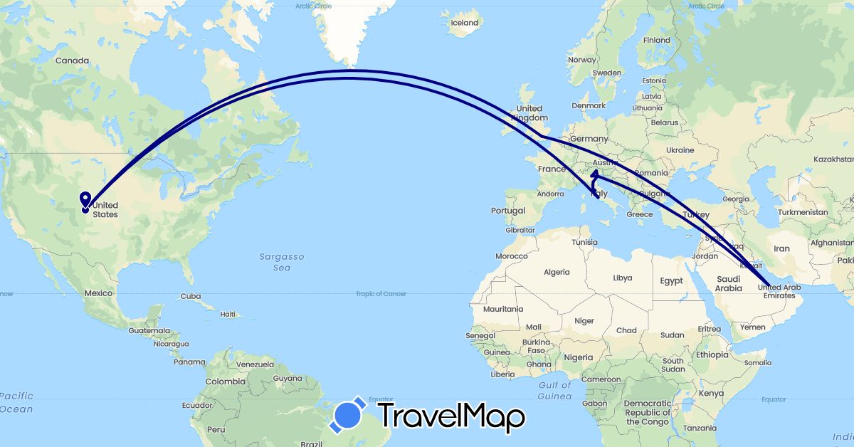 TravelMap itinerary: driving in United Kingdom, Italy, Qatar, United States (Asia, Europe, North America)